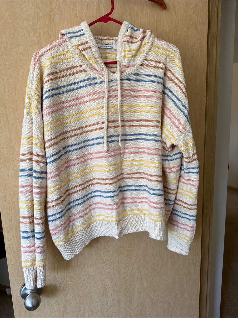 Cream Striped Hooded Turtleneck Sweater